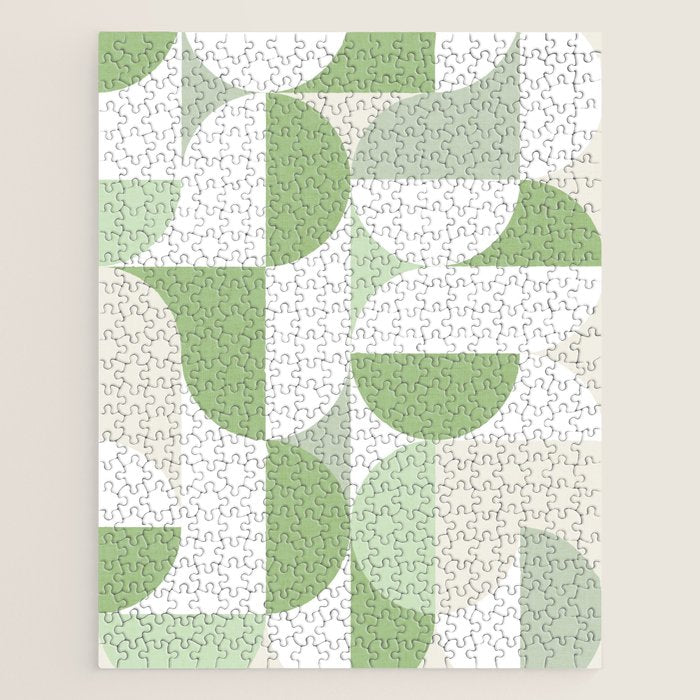 Mid-Mod geometric Sun and Moon pattern - tonal green pastels Jigsaw Puzzle Gallery Image 1