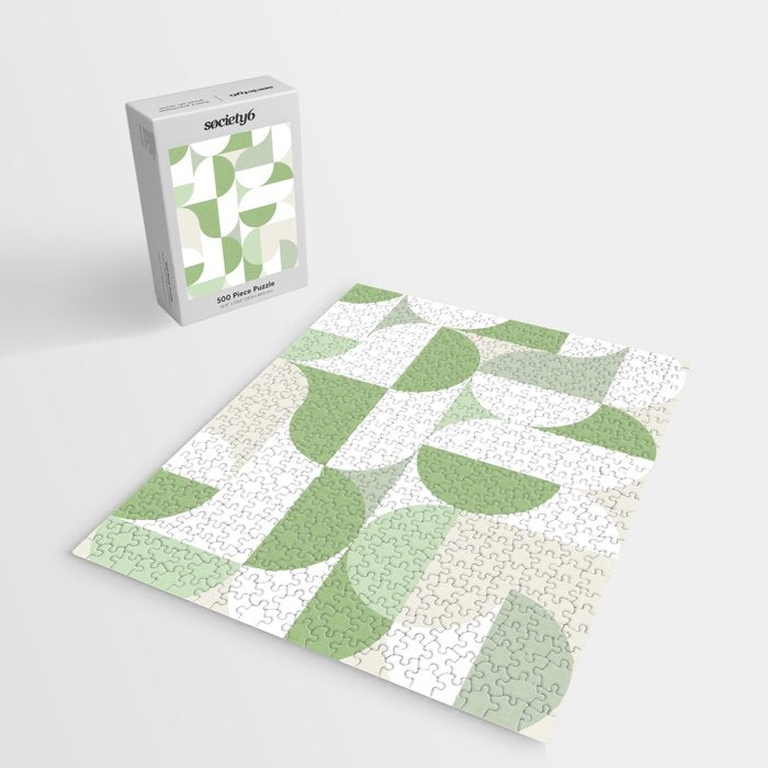 Mid-Mod geometric Sun and Moon pattern - tonal green pastels Jigsaw Puzzle Gallery Image 2