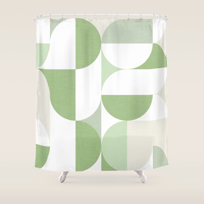 Mid-Mod geometric Sun and Moon pattern - tonal green pastels Shower Curtain Gallery Image 1