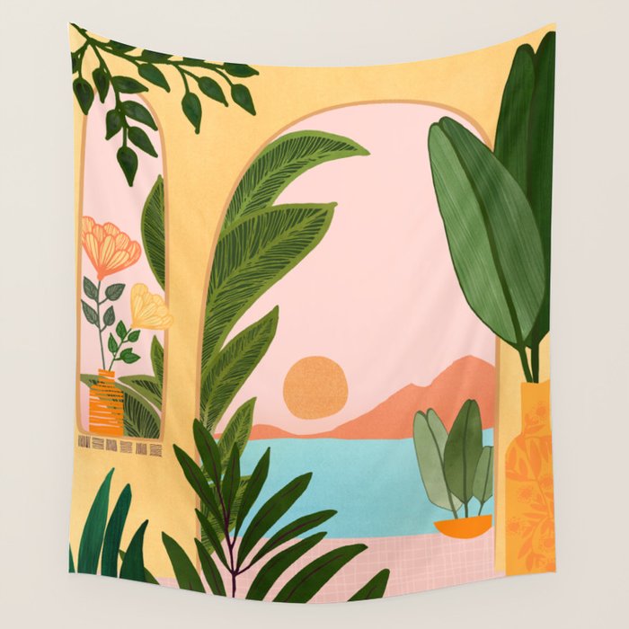 Moroccan Coast Tropical Sunset Scene Wall Tapestry Gallery Image 4