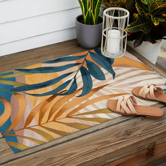 Modern Abstract Art Tropical Leaves 4 Outdoor Rug Gallery Image 2