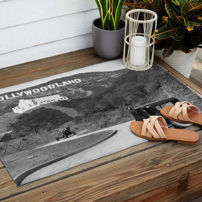 Old Hollywood sign Hollywoodland black and white photograph Outdoor Rug Gallery Image 2