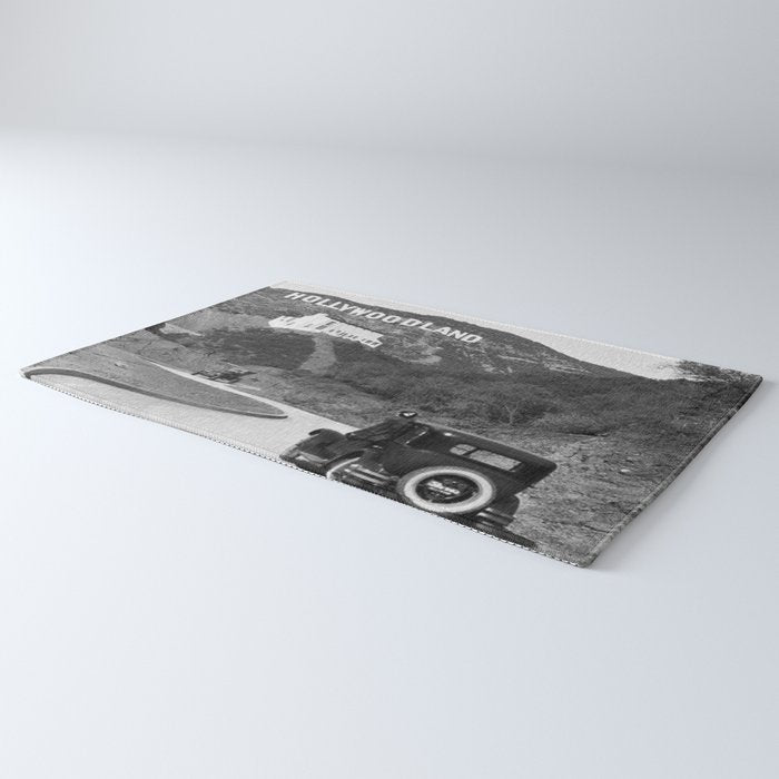 Old Hollywood sign Hollywoodland black and white photograph Rug Gallery Image 3
