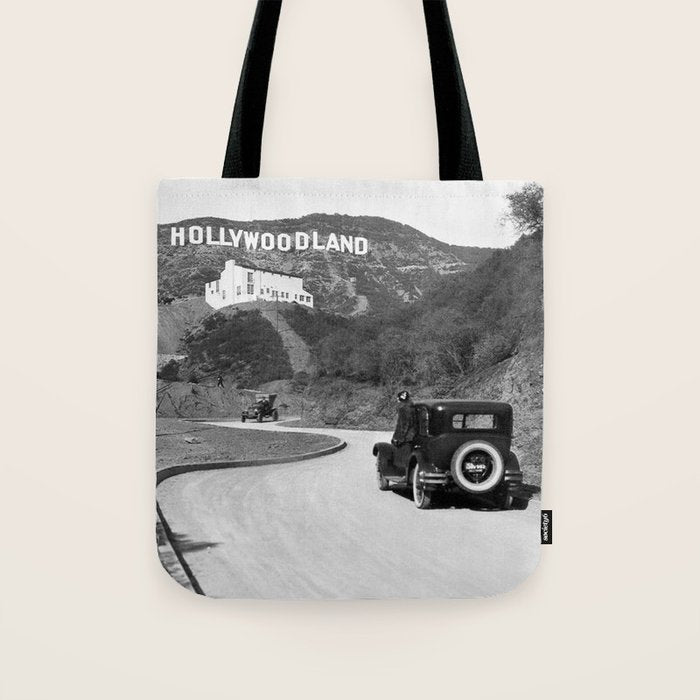 Old Hollywood sign Hollywoodland black and white photograph Tote Bag Gallery Image 1