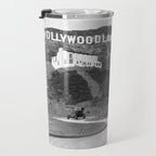 Old Hollywood sign Hollywoodland black and white photograph Travel Mug Gallery Image 3