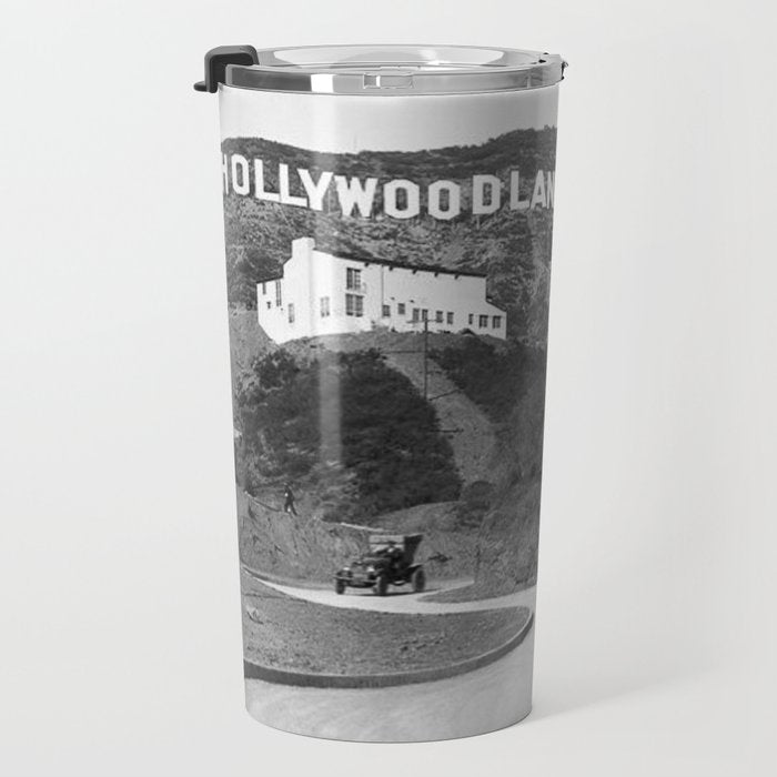 Old Hollywood sign Hollywoodland black and white photograph Travel Mug Gallery Image 3