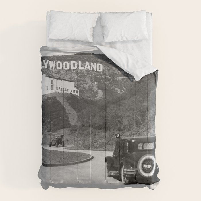 Old Hollywood sign Hollywoodland black and white photograph Comforter Gallery Image 1