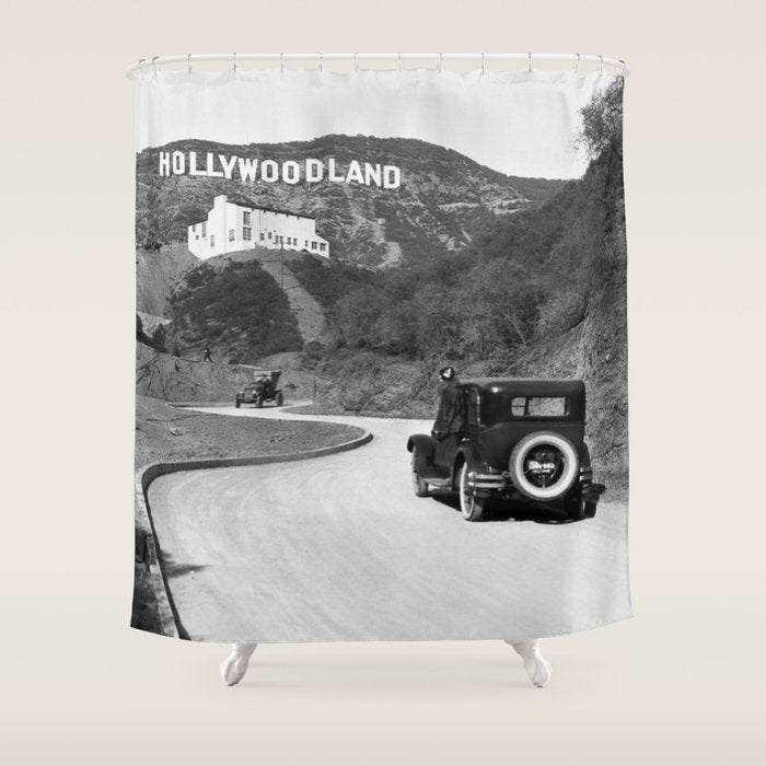 Old Hollywood sign Hollywoodland black and white photograph Shower Curtain Gallery Image 1