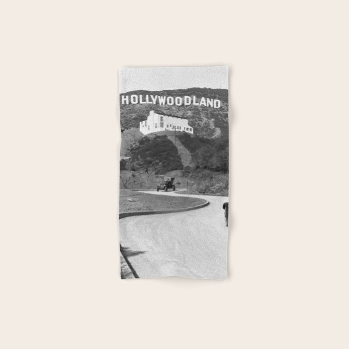 Old Hollywood sign Hollywoodland black and white photograph Bath Towel Gallery Image 1