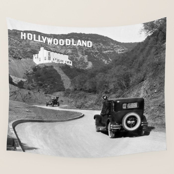 Old Hollywood sign Hollywoodland black and white photograph Wall Tapestry Gallery Image 1