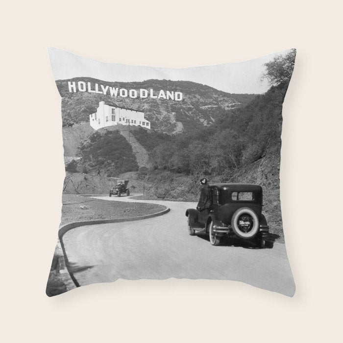 Old Hollywood sign Hollywoodland black and white photograph Throw Pillow Gallery Image 6