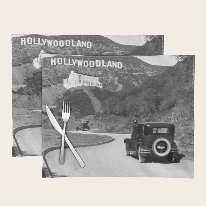 Old Hollywood sign Hollywoodland black and white photograph Placemat Gallery Image 1