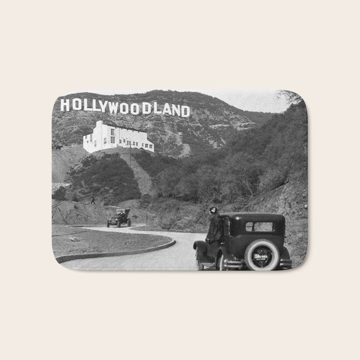 Old Hollywood sign Hollywoodland black and white photograph Bath Mat Gallery Image 1