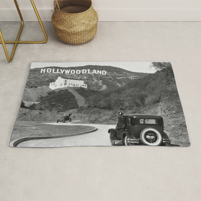 Old Hollywood sign Hollywoodland black and white photograph Rug Gallery Image 1
