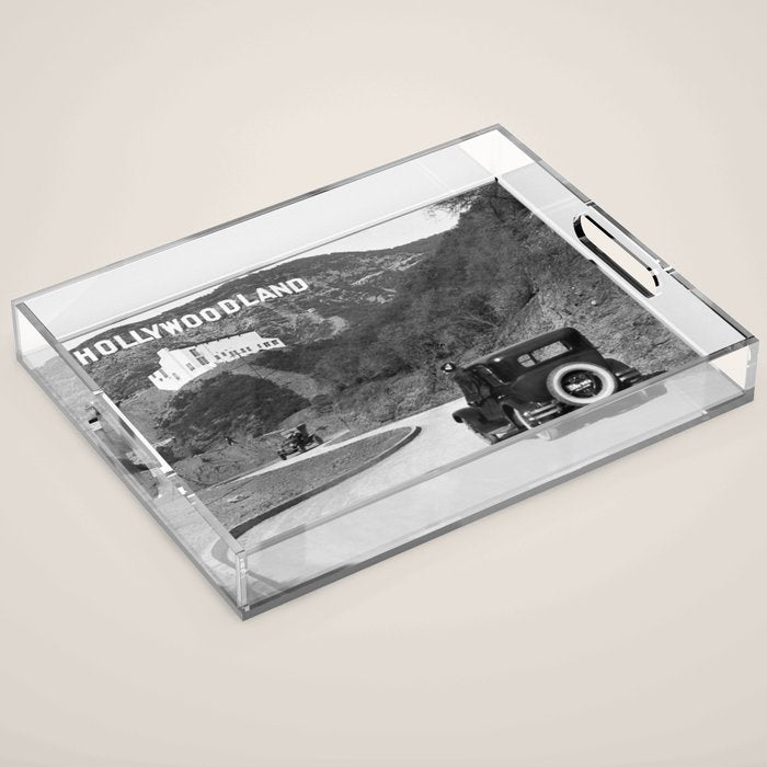 Old Hollywood sign Hollywoodland black and white photograph Acrylic Tray Gallery Image 1
