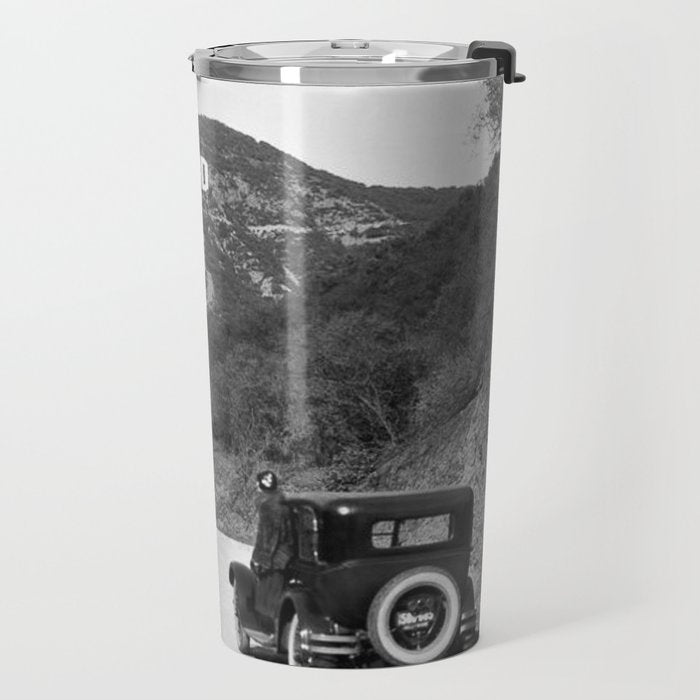 Old Hollywood sign Hollywoodland black and white photograph Travel Mug Gallery Image 2