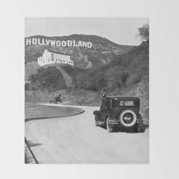 Old Hollywood sign Hollywoodland black and white photograph Throw Blanket Gallery Image 2