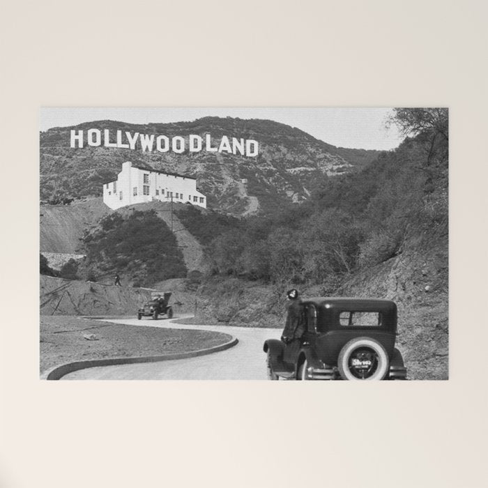 Old Hollywood sign Hollywoodland black and white photograph Welcome Mat Gallery Image 1