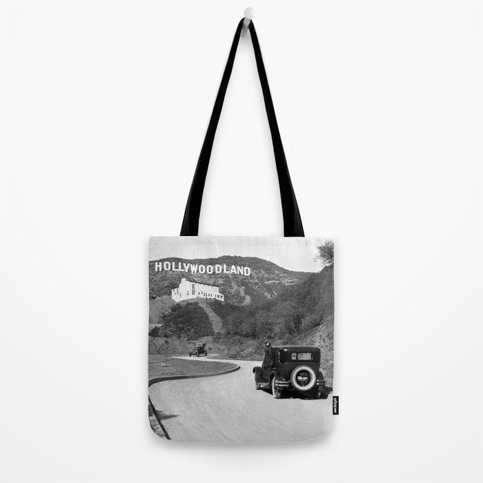 Old Hollywood sign Hollywoodland black and white photograph Tote Bag Gallery Image 2