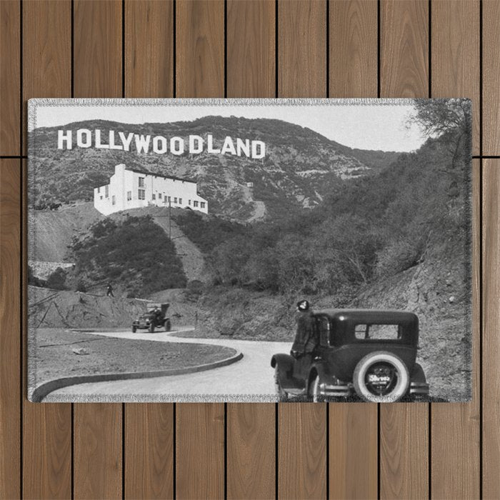 Old Hollywood sign Hollywoodland black and white photograph Outdoor Rug Gallery Image 1