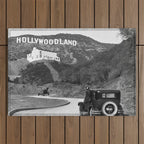 Old Hollywood sign Hollywoodland black and white photograph Outdoor Rug Gallery Image 1