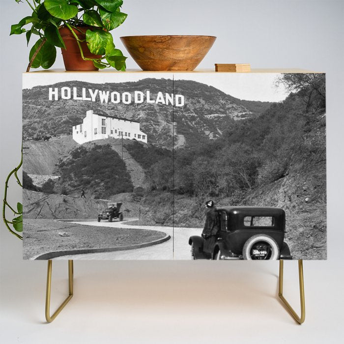 Old Hollywood sign Hollywoodland black and white photograph Credenza Gallery Image 1