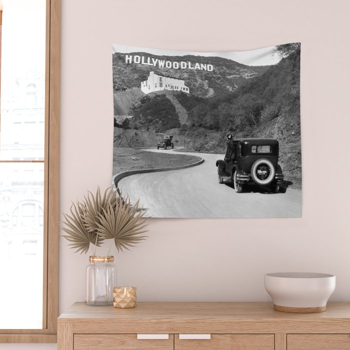 Old Hollywood sign Hollywoodland black and white photograph Wall Tapestry Gallery Image 2
