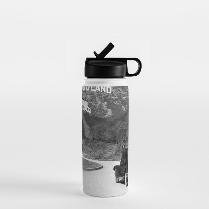 Old Hollywood sign Hollywoodland black and white photograph Water Bottle Gallery Image 1