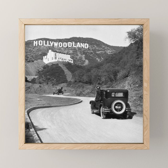 Old Hollywood sign Hollywoodland black and white photograph Mini Art Print Gallery Image 1