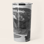 Old Hollywood sign Hollywoodland black and white photograph Travel Mug Gallery Image 1
