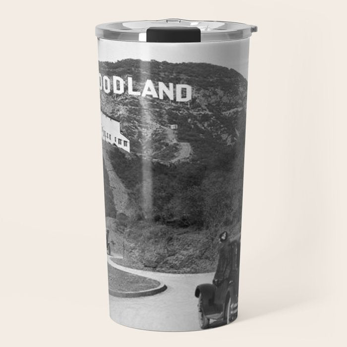 Old Hollywood sign Hollywoodland black and white photograph Travel Mug Gallery Image 1