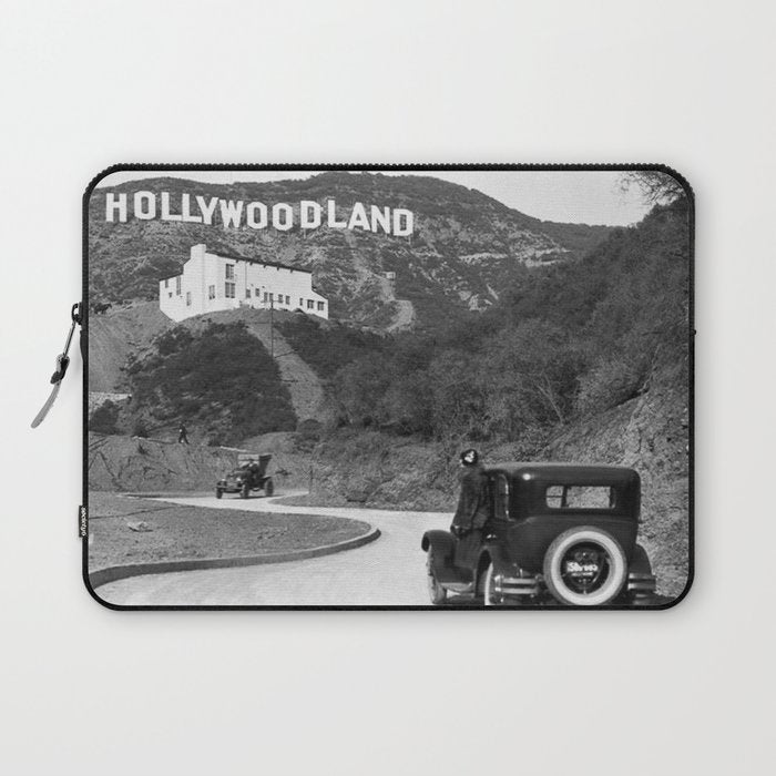 Old Hollywood sign Hollywoodland black and white photograph Laptop Sleeve Gallery Image 1