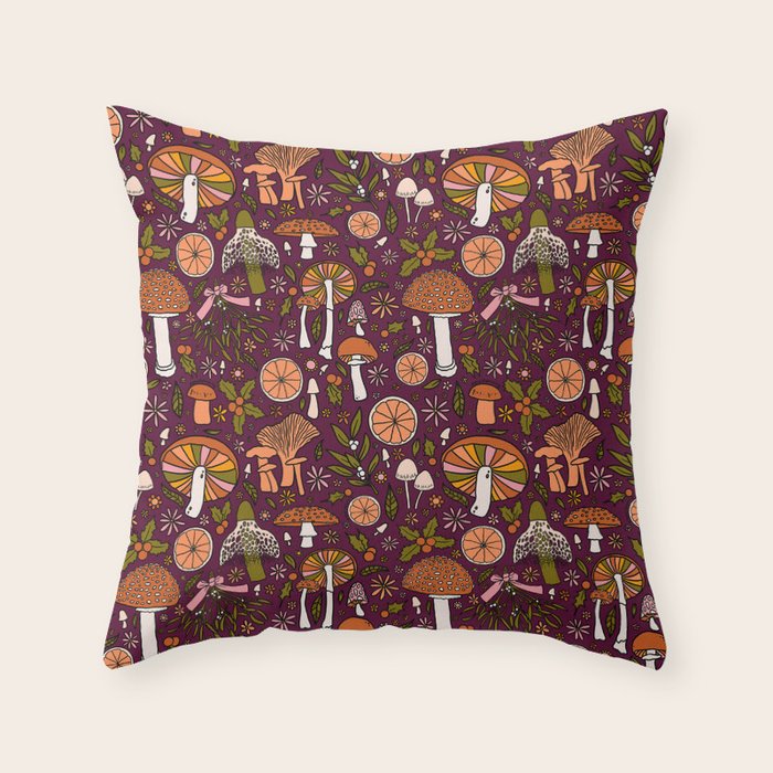 Holiday Mushroom Print Throw Pillow Gallery Image 1