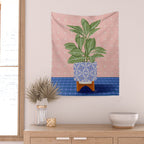 Patterned Pot Plant on Geometric Background Wall Tapestry Gallery Image 2