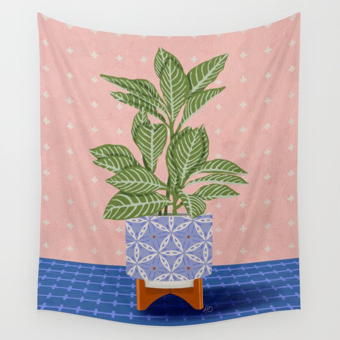 Patterned Pot Plant on Geometric Background Wall Tapestry Gallery Image 1