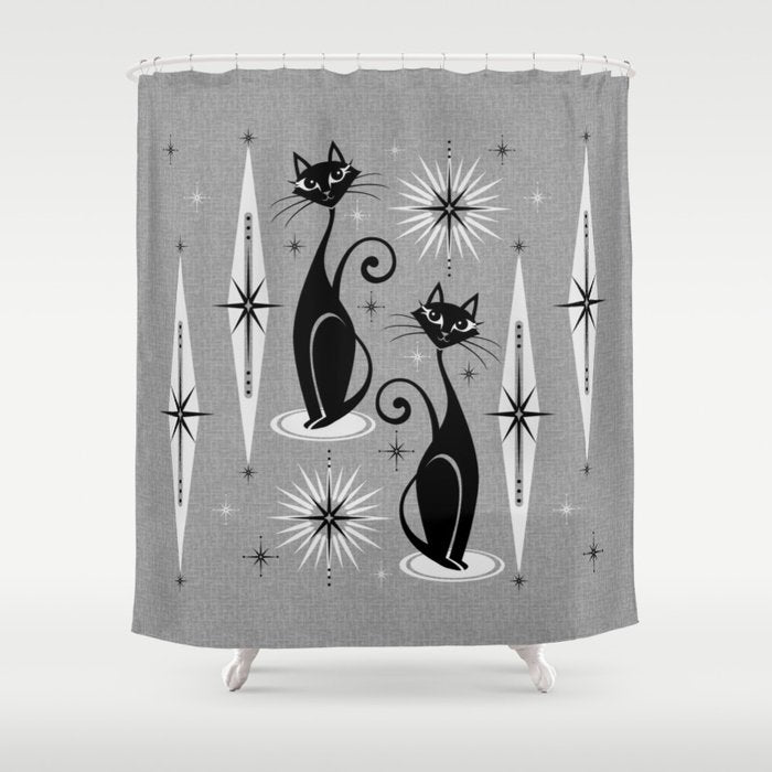 Mid Century Meow Atomic Cats on Cool Gray ©studioxtine Shower Curtain Gallery Image 1