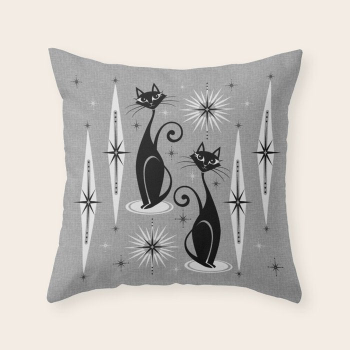 Mid Century Meow Atomic Cats on Cool Gray ©studioxtine Throw Pillow Gallery Image 6