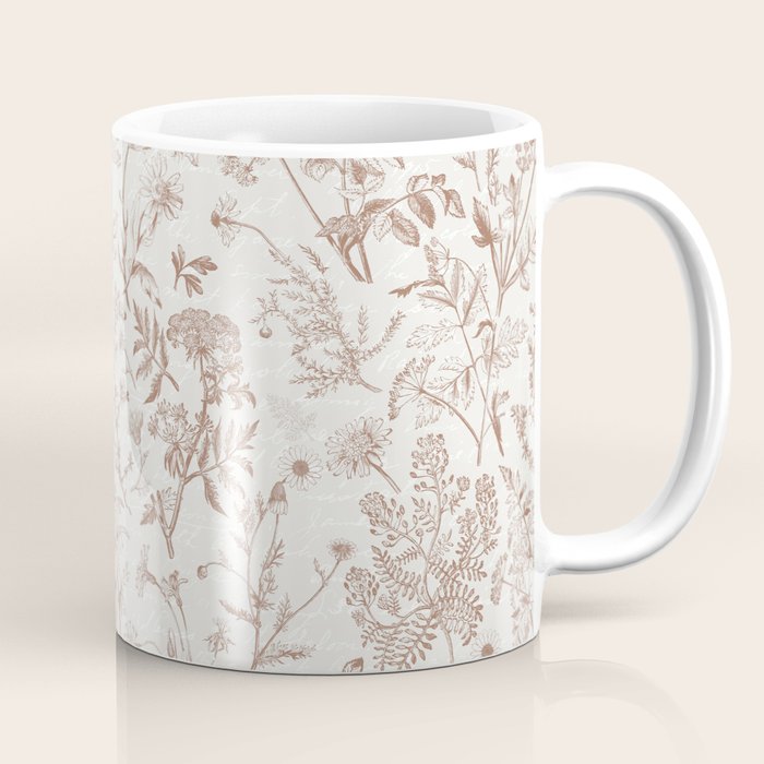 Meadow Floral Herbarium Cottagecore Botanical Monochromatic Pattern - Mocha Mousse  Coffee Mug Gallery Image 1