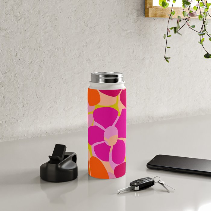 Retro Floral - Orange, Pink and Red Petals Yellow/Sweet Pink Background Vivid Colors #decor #society6 #buyart Water Bottle Gallery Image 4