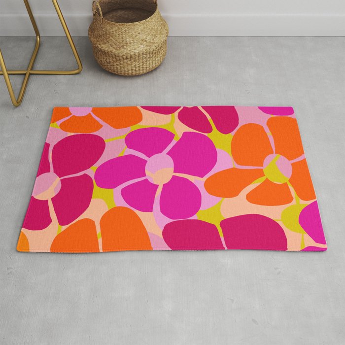 Retro Floral - Orange, Pink and Red Petals Yellow/Sweet Pink Background Vivid Colors #decor #society6 #buyart Rug Gallery Image 1