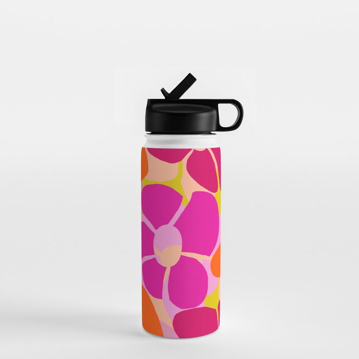 Retro Floral - Orange, Pink and Red Petals Yellow/Sweet Pink Background Vivid Colors #decor #society6 #buyart Water Bottle Gallery Image 1