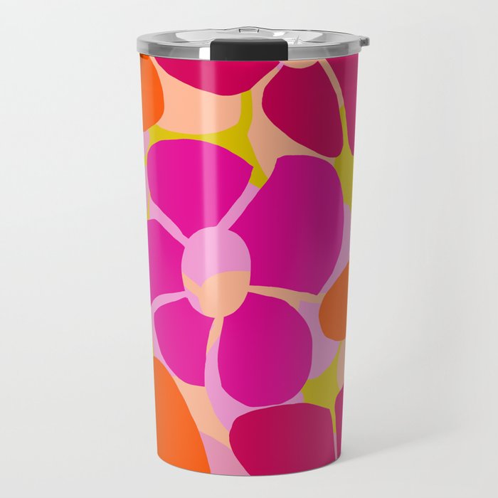Retro Floral - Orange, Pink and Red Petals Yellow/Sweet Pink Background Vivid Colors #decor #society6 #buyart Travel Mug Gallery Image 1