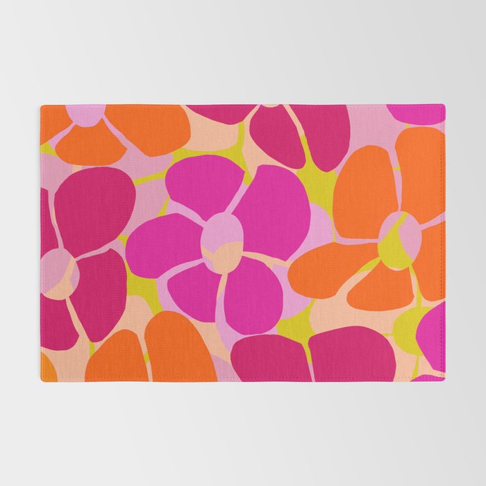 Retro Floral - Orange, Pink and Red Petals Yellow/Sweet Pink Background Vivid Colors #decor #society6 #buyart Rug Gallery Image 2