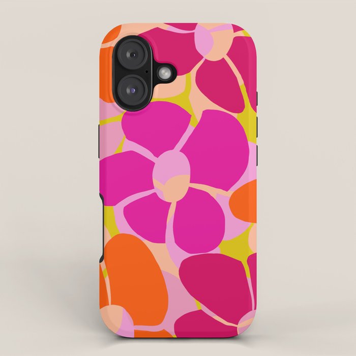 Retro Floral - Orange, Pink and Red Petals Yellow/Sweet Pink Background Vivid Colors #decor #society6 #buyart iPhone Case Gallery Image 1