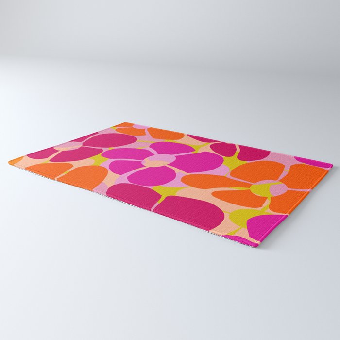 Retro Floral - Orange, Pink and Red Petals Yellow/Sweet Pink Background Vivid Colors #decor #society6 #buyart Rug Gallery Image 3