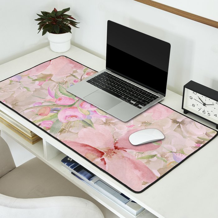 Modern Pastel Pink Watercolor Chic Floral Desk Mat Gallery Image 2