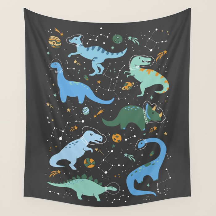 Dinosaurs in Space in Blue Wall Tapestry Gallery Image 1