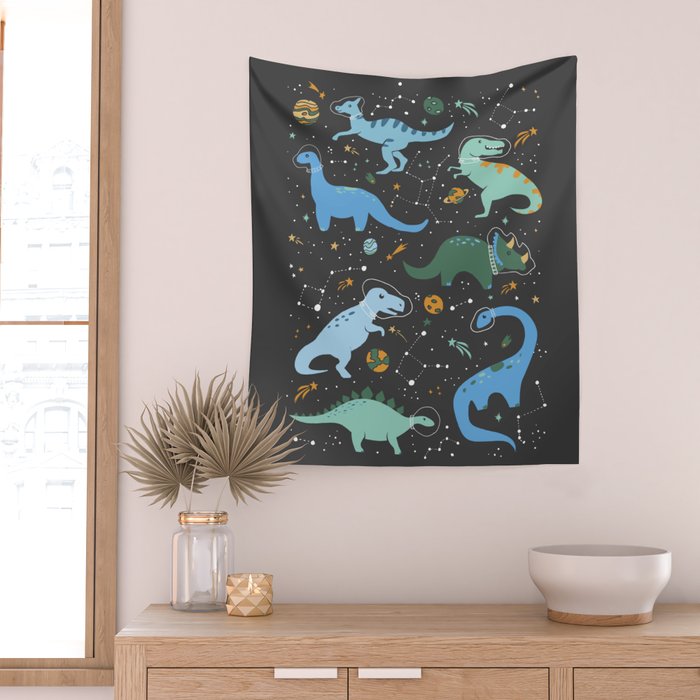 Dinosaurs in Space in Blue Wall Tapestry Gallery Image 2
