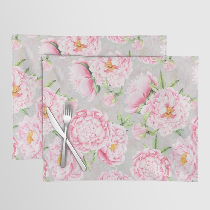 Hygge Blush Pink Peonies Pattern On Gray Placemat Gallery Image 1