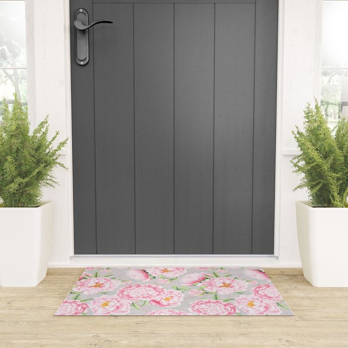 Hygge Blush Pink Peonies Pattern On Gray Welcome Mat Gallery Image 3